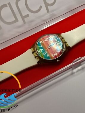 Swatch White-Strap Watch with Rainbow Dial